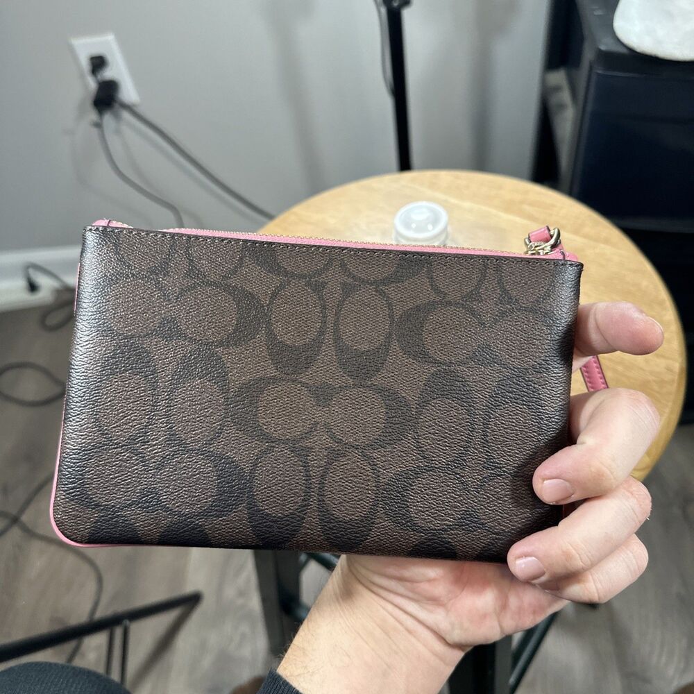 Coach Signature Canvas Khaki Brown Pink Large Corner Zip Wristlet F58695 - Picture 6 of 7